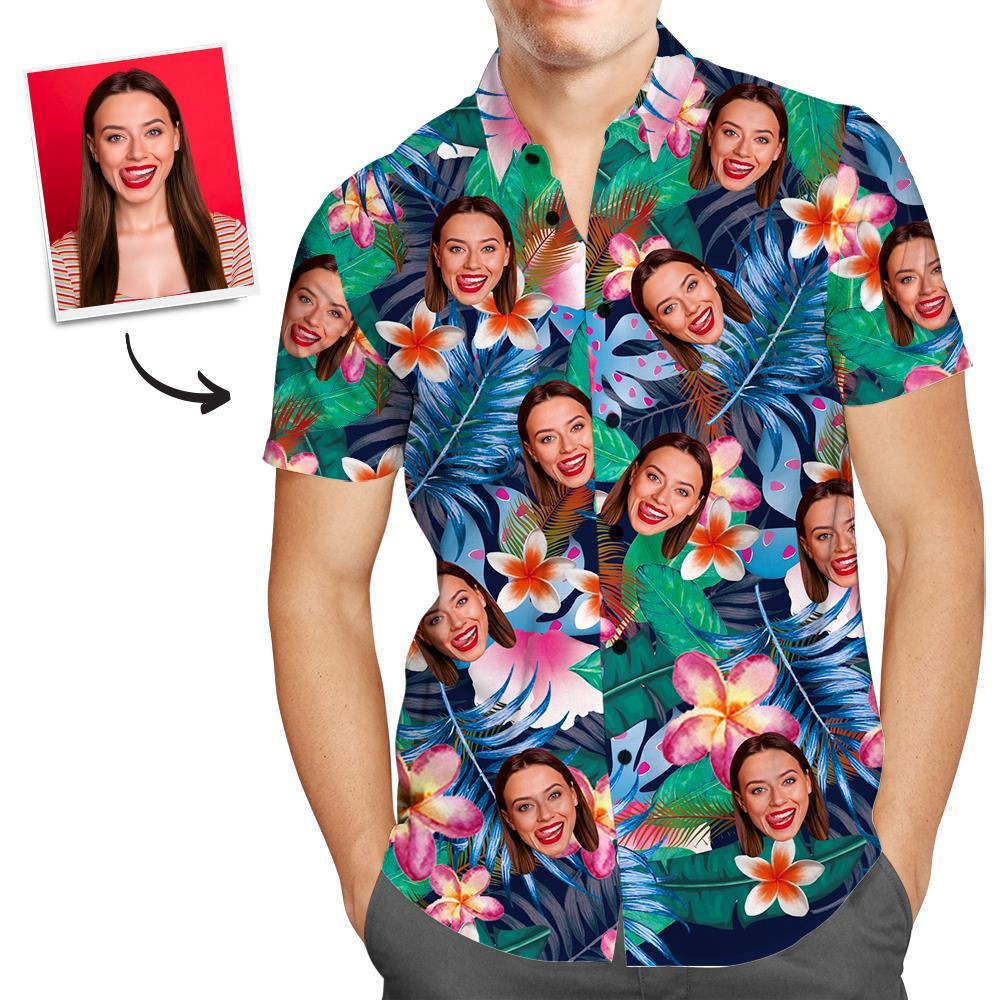 Custom Photo Face Shirt Colorful Flowers - Gift For Couple - Personalized Hawaiian Shirt