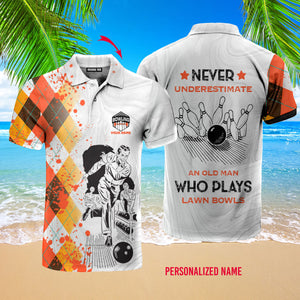 Personalized Never Underestimate Old Man Plays Lawn Bowl Orange White  Polo Shirt