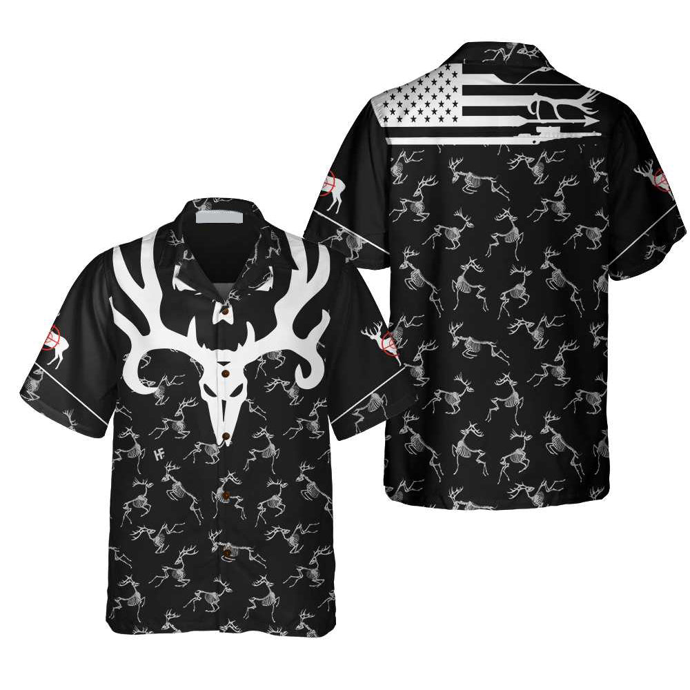 Black And White Deer Head Skull Bone America Hunting - Hawaiian Shirt