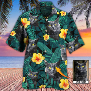 Custom Photo Black Cat Green Tropical - Gift For Pet Lovers - Personalized Hawaiian Shirt