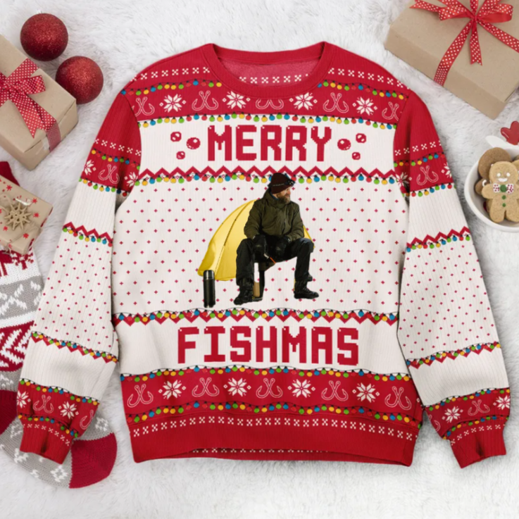 Custom Photo Merry Fishmas - Christmas Gift For Fishing Lovers - Personalized Ugly Sweater