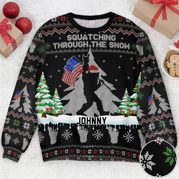 Squatching Through The Snow American Bigfoot - Christmas Gift For Friends - Personalized Ugly Sweater