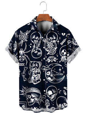 Vintage Skull Print Moon Black - Hawaiian Shirt