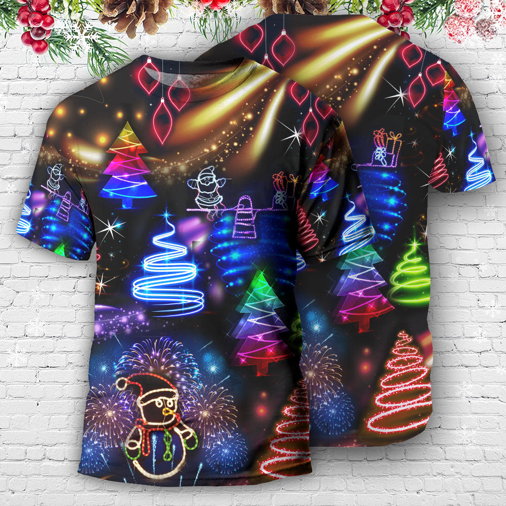 Christmas Neon Art Santa And Snowman T-Shirt