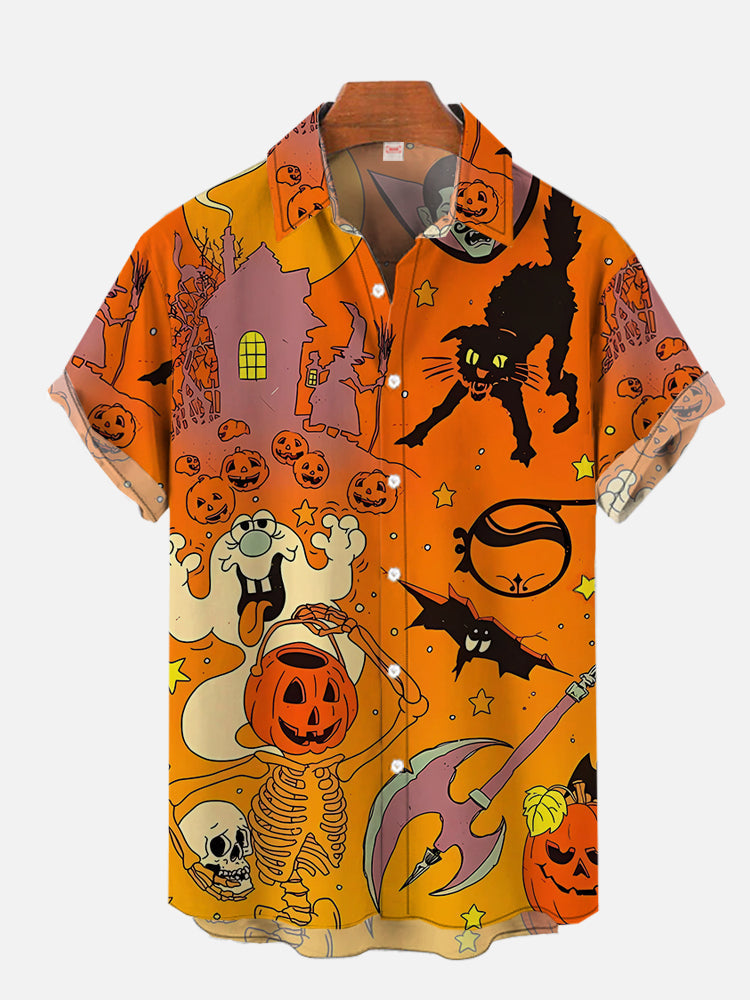 Orange Halloween Pattern Spooky Pumpkin And Scared Black Cat - Hawaiian Shirt