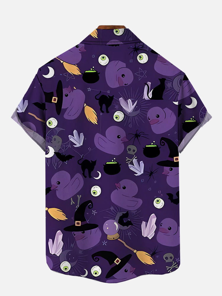 Purple Halloween Eyeball Black Cat And Wizard Rubber Duck - Hawaiian Shirt