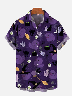 Purple Halloween Eyeball Black Cat And Wizard Rubber Duck - Hawaiian Shirt