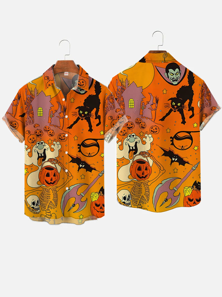 Orange Halloween Pattern Spooky Pumpkin And Scared Black Cat - Hawaiian Shirt