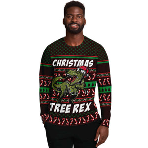 Tree Rex Green Dinosaur Wears Noel Hat Ugly Christmas Sweater