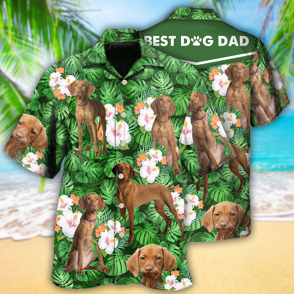 Custom Photo Vizsla Best Dog Dad Green Tropical Leaf - Gift For Dad - Personalized Hawaiian Shirt