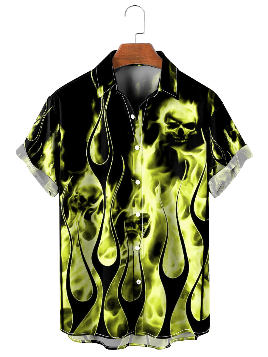 Casual Light Yellow Flame Skull Print Aloha Shirt