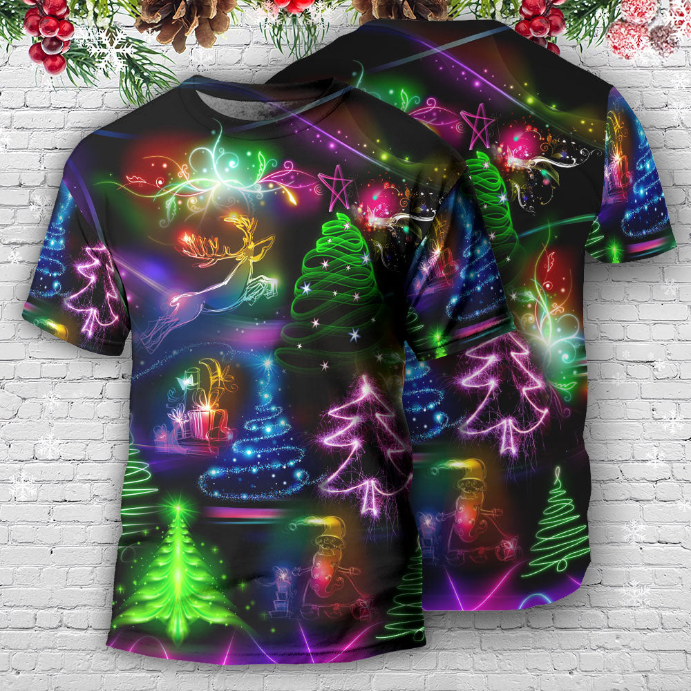 Christmas Neon Art Tree And Snowman Style T-Shirt