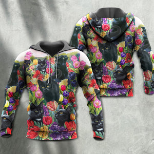 Black Cat Love Flowers Colorful - Hoodie