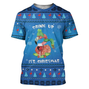 Christmas Drinking Flamingo T-Shirt 3D For Men & Women