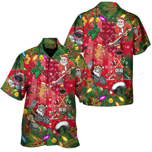 Christmas Come On Play Hockey With Santa Claus And Reindeer - Hawaiian Shirt