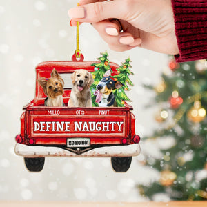 Custom Photo Pet Lovers Red Truck Define Naughty - Christmas Gift For Dog Lovers - Personalized Custom Shaped Wooden Ornament