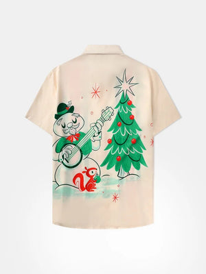 Christmas Snowman Plays Music Near A Pine Tree With Squirrel - Hawaiian Shirt