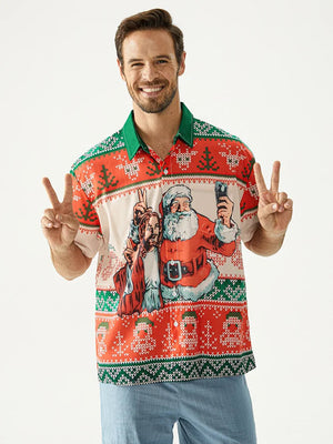 Christmas Funny Santa Claus And Jesus Selfie - Hawaiian Shirt