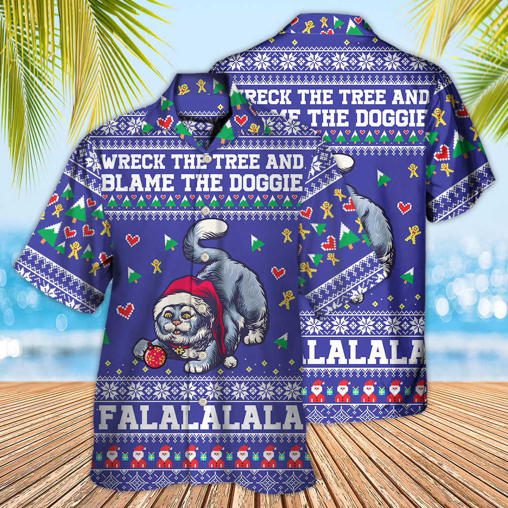 Grey Cat Wreck The Tree And Blame The Doggies - Christmas Hawaiian Shirt