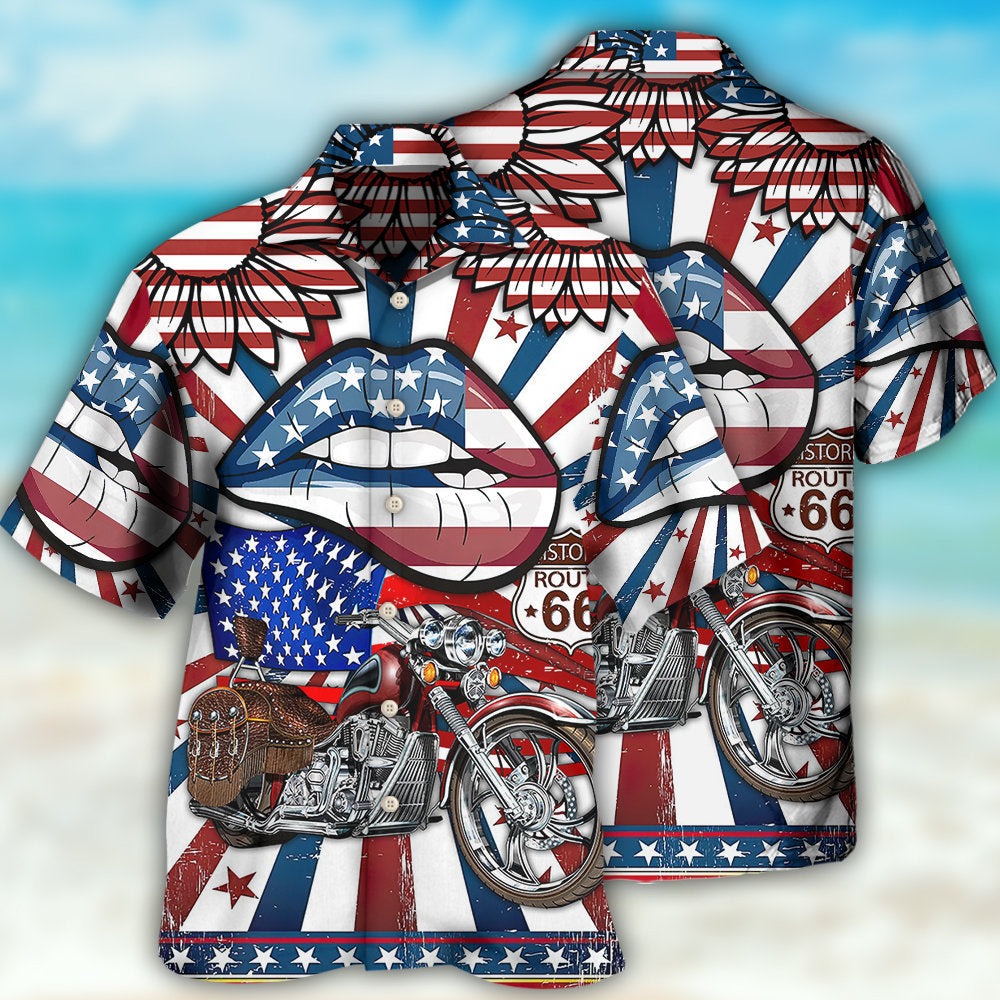 America Patriotic Motorcycle Sexy Lips - Hawaiian Shirt