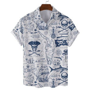 Dark Blue Skull Pirate And Treasure Map - Hawaiian Shirt