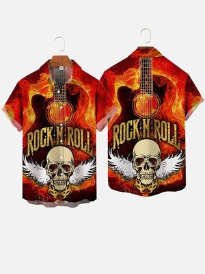 Intense Rock N Roll Flame Guitar And Skull With Wings - Hawaiian Shirt