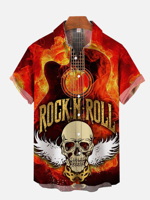 Intense Rock N Roll Flame Guitar And Skull With Wings - Hawaiian Shirt