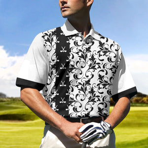 Floral Pattern In Black And White Floral Golf Polo Shirt For Men