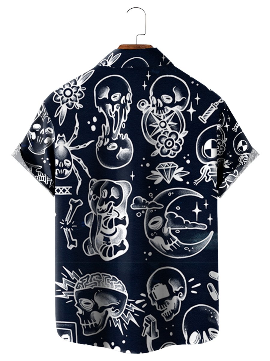 Vintage Skull Print Moon Black - Hawaiian Shirt