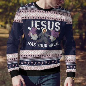 Funny Jesus Has Your Back Jiu Jitsu Ugly Christmas Sweater