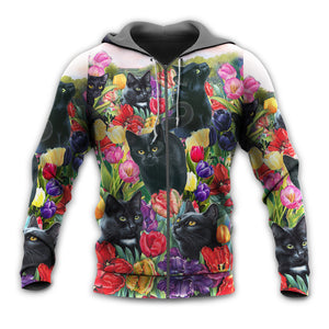 Black Cat Love Flowers Colorful - Hoodie