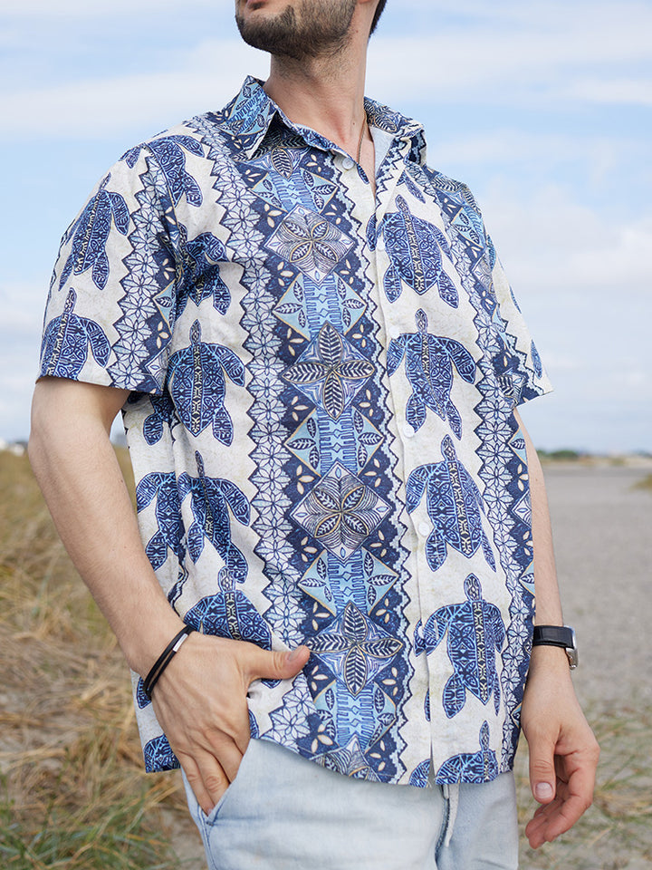 Blue Sea Turtles Checkered Pattern - Hawaiian Shirt