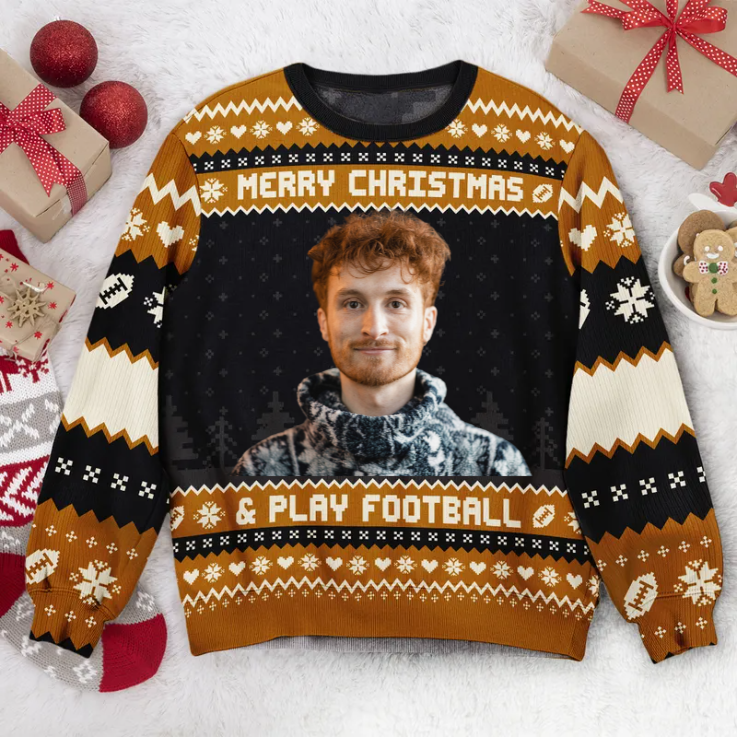 Custom Photo Merry Christmas And Play Football - Christmas Gift For Football Lovers - Personalized Ugly Sweater