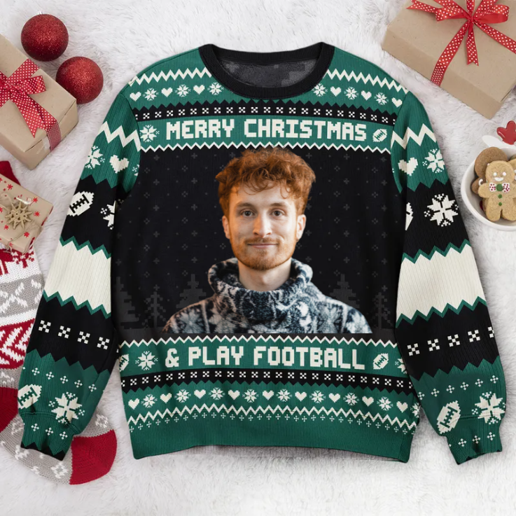 Custom Photo Merry Christmas And Play Football - Christmas Gift For Football Lovers - Personalized Ugly Sweater