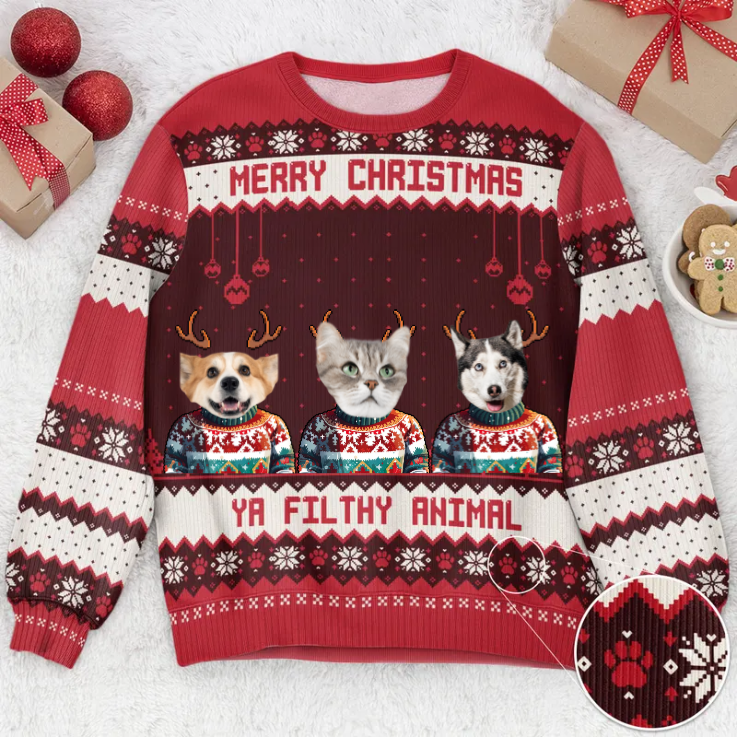 Custom Photo Merry Christmas Ya Filthy Animal- Christmas Gift For Pet Lovers - Personalized Ugly Sweater