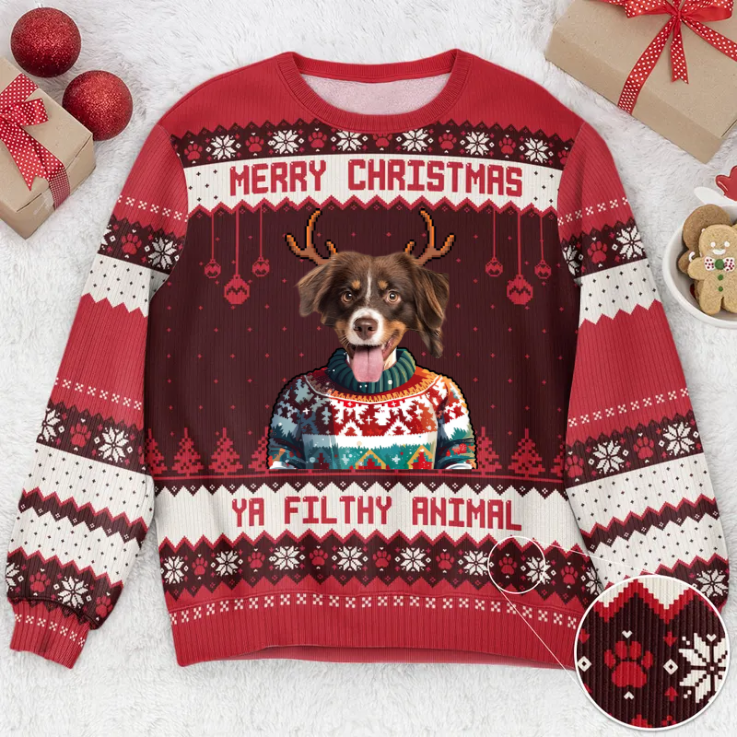 Custom Photo Merry Christmas Ya Filthy Animal- Christmas Gift For Pet Lovers - Personalized Ugly Sweater