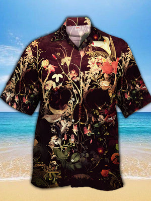 Vintage Bloom Skull Printing Cuban Collar - Hawaiian Shirt