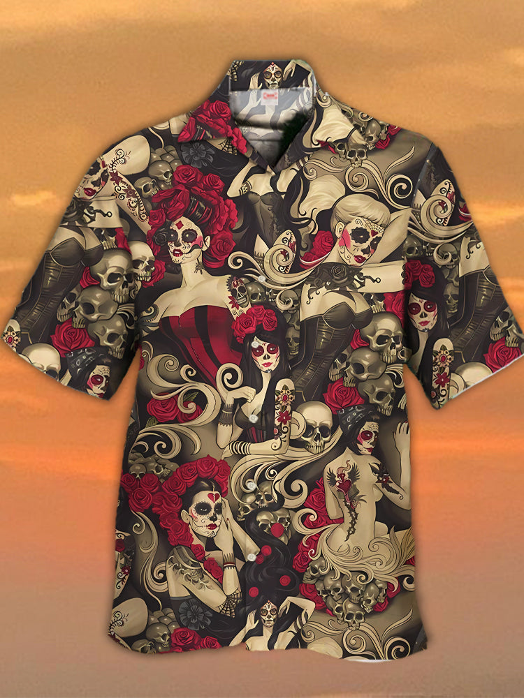 Vintage Day Of The Dead Pinups Sugar Skull - Hawaiian Shirt