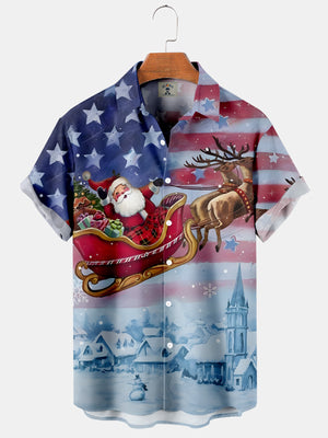 Christmas American Flag Santa And Elk - Hawaiian Shirt