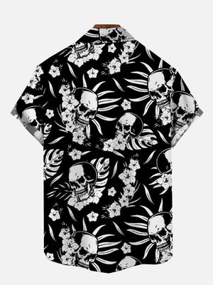 Leisure Vacation Hawaiian Black And White Leaf Skull - Hawaiian Shirt