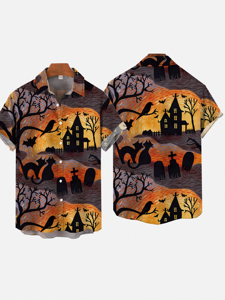 Retro Halloween Strange House Black Cat And Tombstone - Hawaiian Shirt