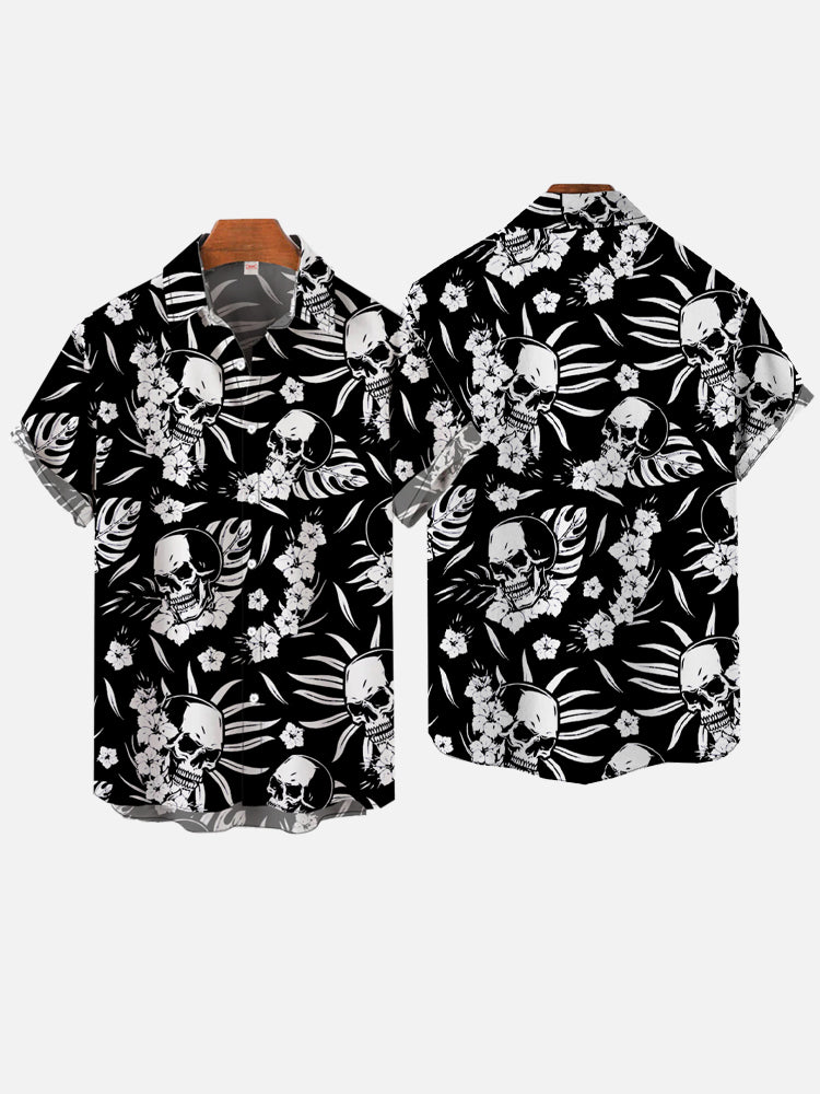 Leisure Vacation Hawaiian Black And White Leaf Skull - Hawaiian Shirt