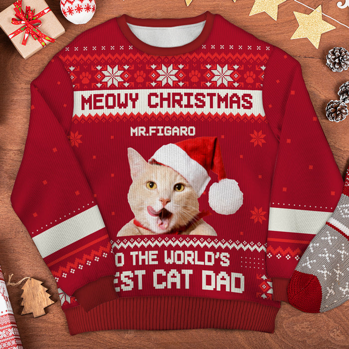 Custom Photo Meowy Christmas To The Best Cat Dad Cat Mom - Personalized Ugly Christmas Sweatshirt - Christmas Gift For Cat Lovers, Pet Lovers