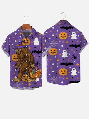 Witch Gorilla And Halloween Candies On Purple - Hawaiian Shirt