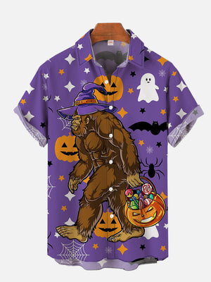 Witch Gorilla And Halloween Candies On Purple - Hawaiian Shirt