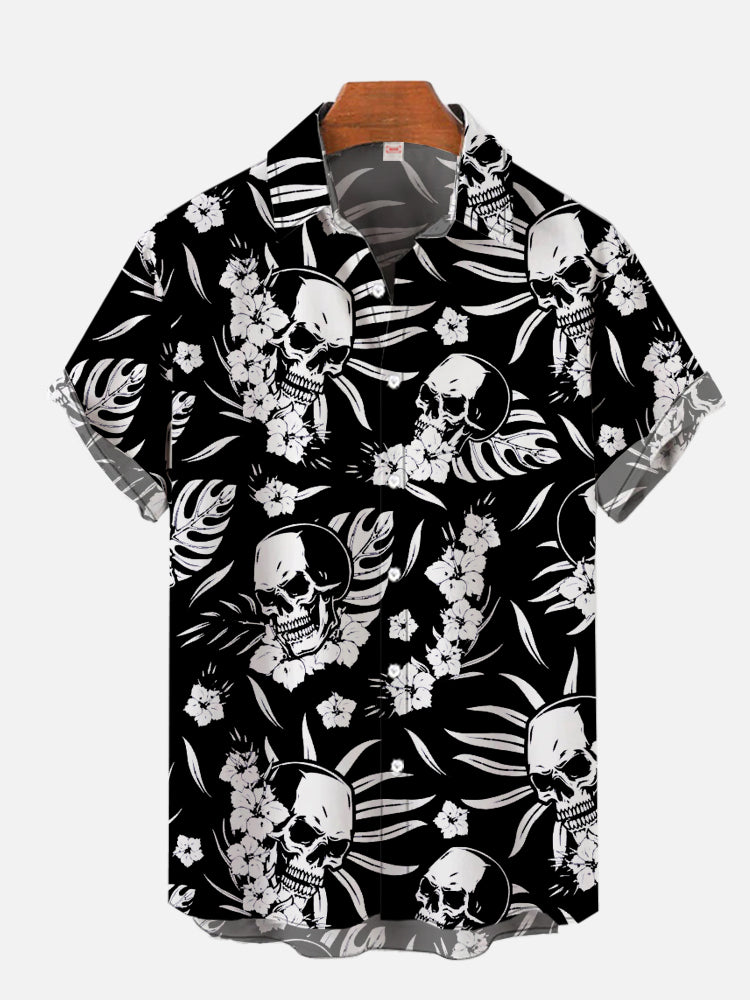 Leisure Vacation Hawaiian Black And White Leaf Skull - Hawaiian Shirt