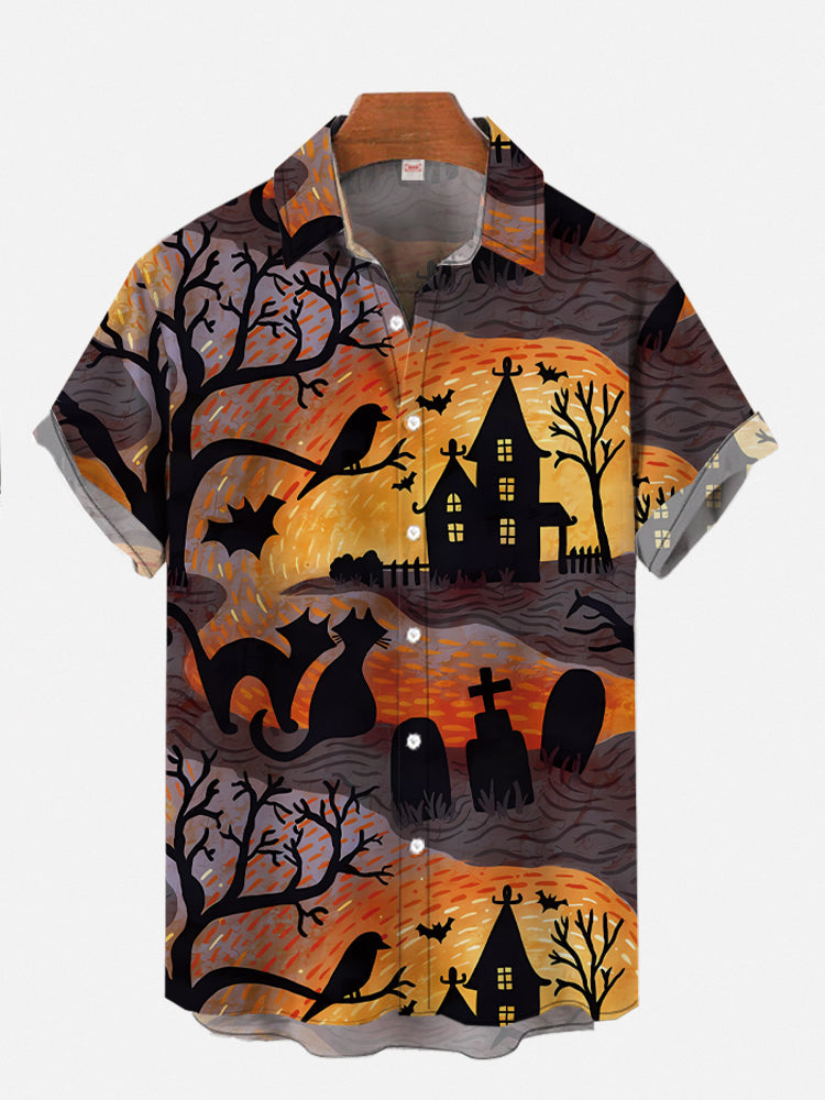 Retro Halloween Strange House Black Cat And Tombstone - Hawaiian Shirt