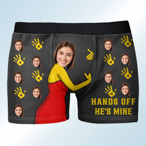 Custom Photo Hands Off He's Mine - Funny Gift For Husband, Boyfriend- Personalized Men's Boxer Briefs