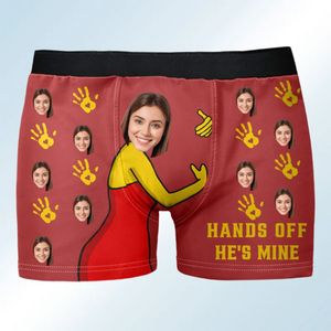 Custom Photo Hands Off He's Mine - Funny Gift For Husband, Boyfriend- Personalized Men's Boxer Briefs