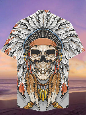 Eye-Catching Hand Drawing Skull In Apache Headgear - Hawaiian Shirt